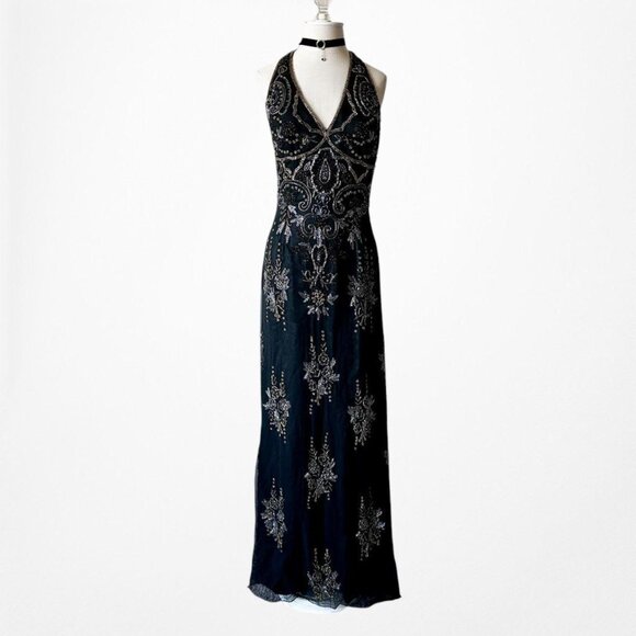 Vintage Y2K Black Navy Silk Beaded Halter Bodycon Maxi Prom Dress Size M - Picture 4 of 8